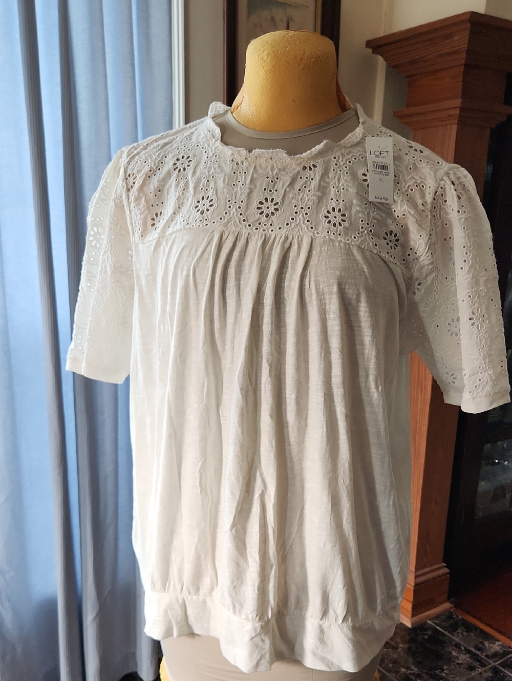 LOFT NWT White Eyelet Yoke Short Sleeve Blouse, SZ XL